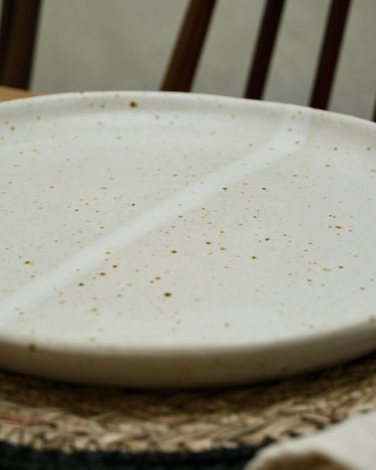 white Speckled ceramic plate on a woven surface