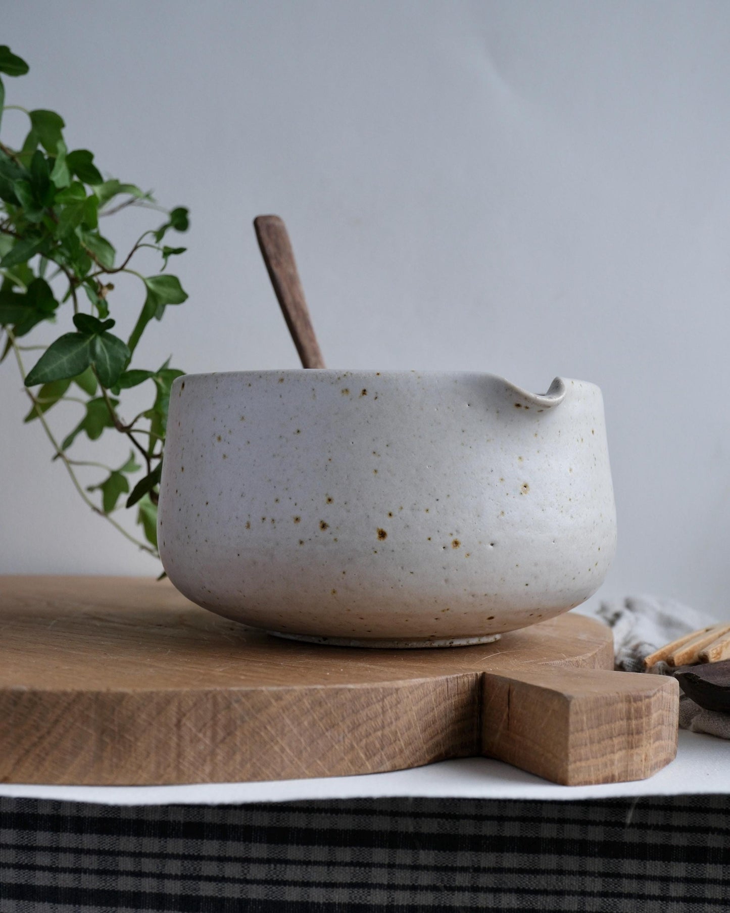 white Speckled ceramic mixing bowl with wooden spoon on a wooden cutting board, plant in the background