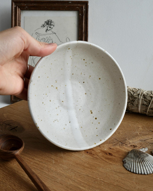 Hand holding a speckled ceramic bowl on a wooden surface with a framed picture in the background.