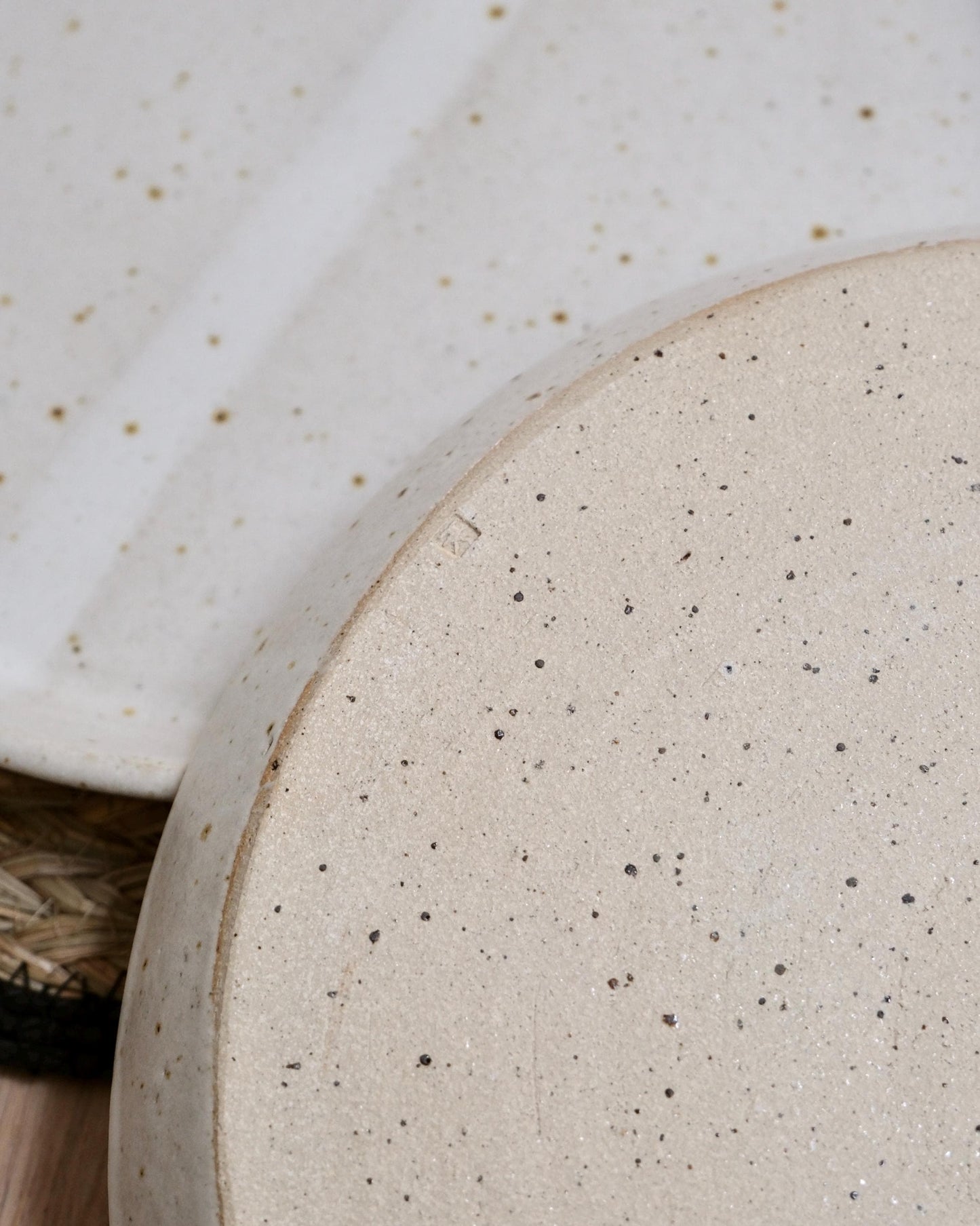 Close-up of a ceramic plate with speckled texture